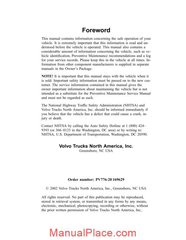 volvo vn vhd operators manual supplement page 2