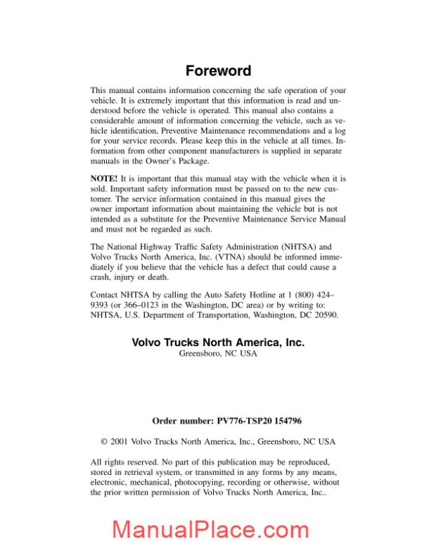 volvo vnl vnm operators manual page 2