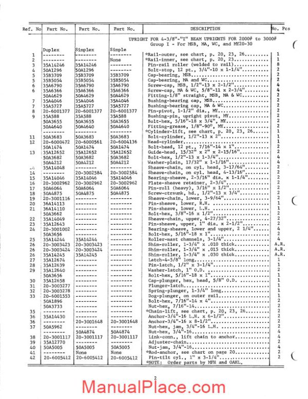 white fork lift simplex low free uprights parts catalog page 2