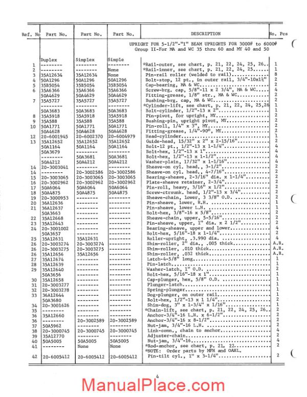 white fork lift simplex low free uprights parts catalog page 4