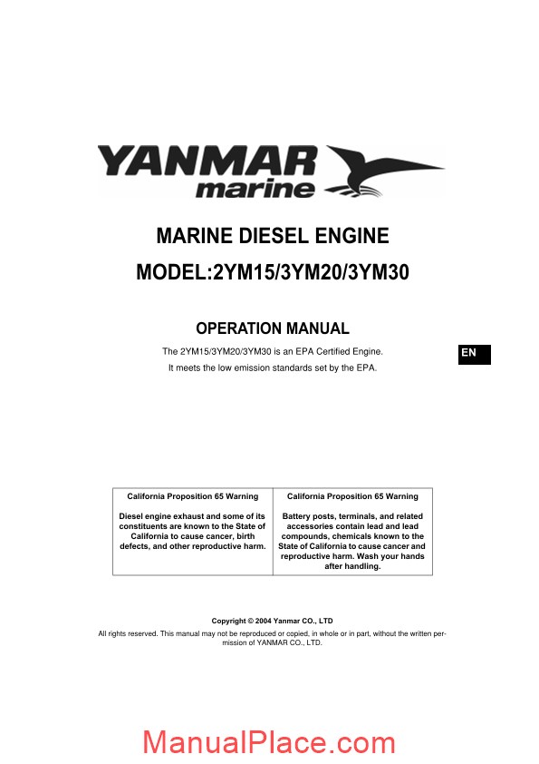 Yanmar 3ym30 3ym20 2ym15 Engine Operation Manual Service Manual
